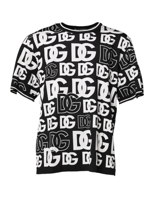 Dolce & Gabbana Schwarz-weißes Seidenstrick-T-Shirt mit DG-Aufdruck