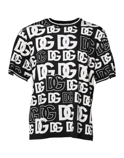 Dolce & Gabbana Schwarz-weißes Seidenstrick-T-Shirt mit DG-Aufdruck