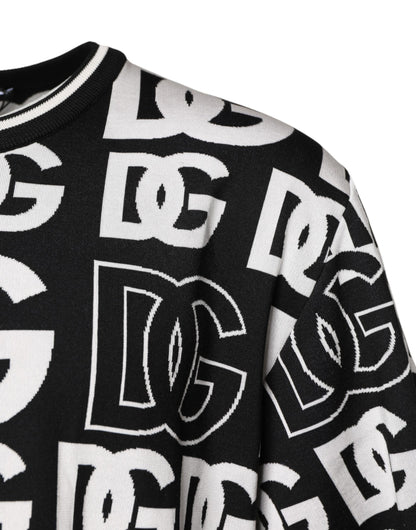 Dolce & Gabbana Schwarz-weißes Seidenstrick-T-Shirt mit DG-Aufdruck
