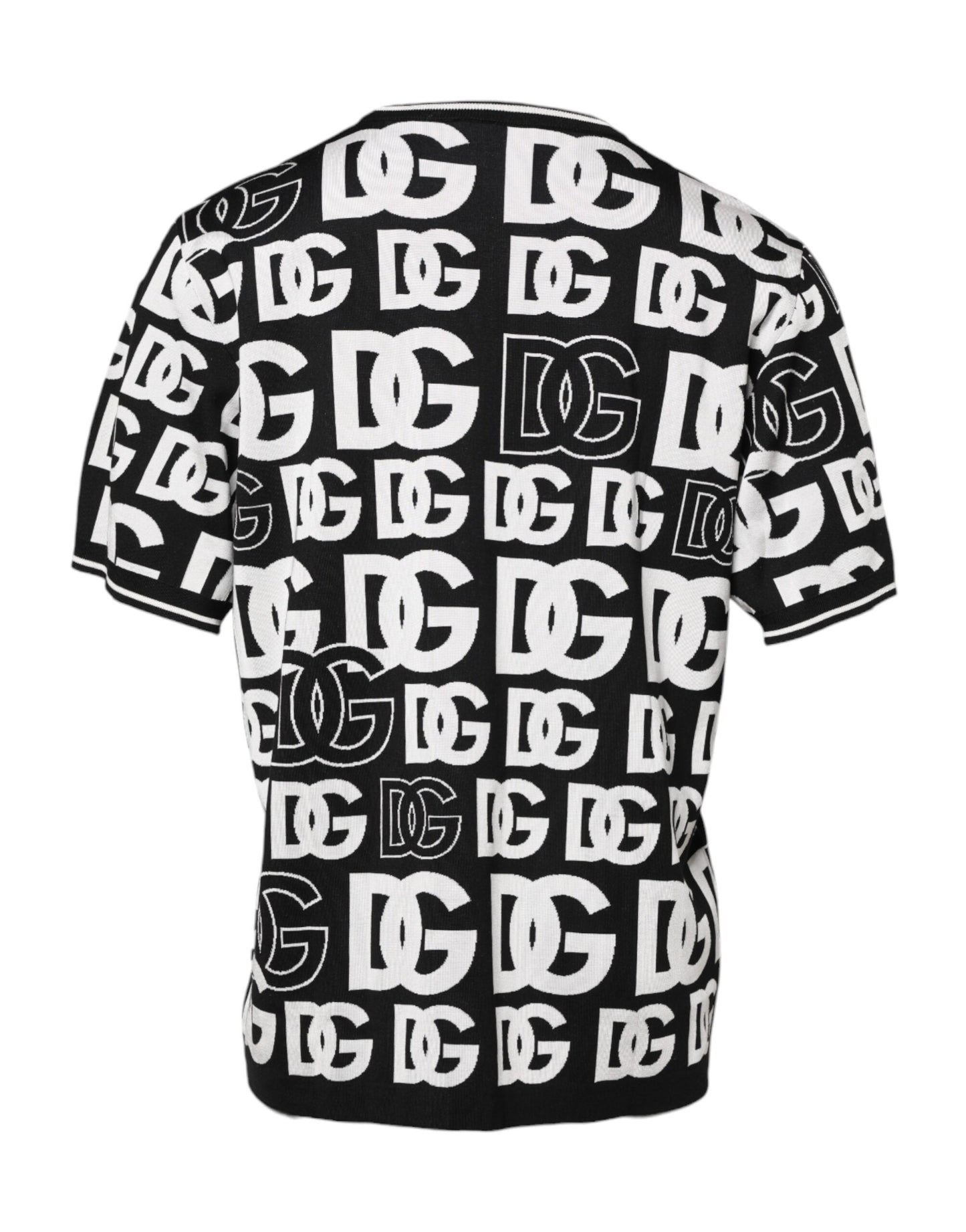 Dolce & Gabbana Schwarz-weißes Seidenstrick-T-Shirt mit DG-Aufdruck
