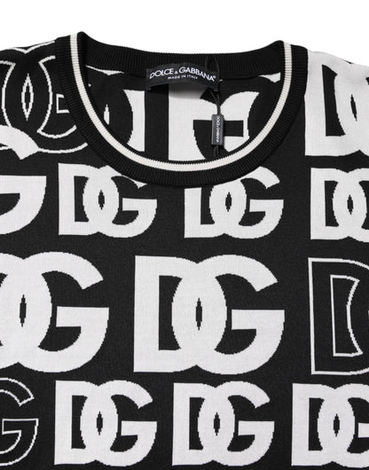 Dolce & Gabbana Schwarz-weißes Seidenstrick-T-Shirt mit DG-Aufdruck