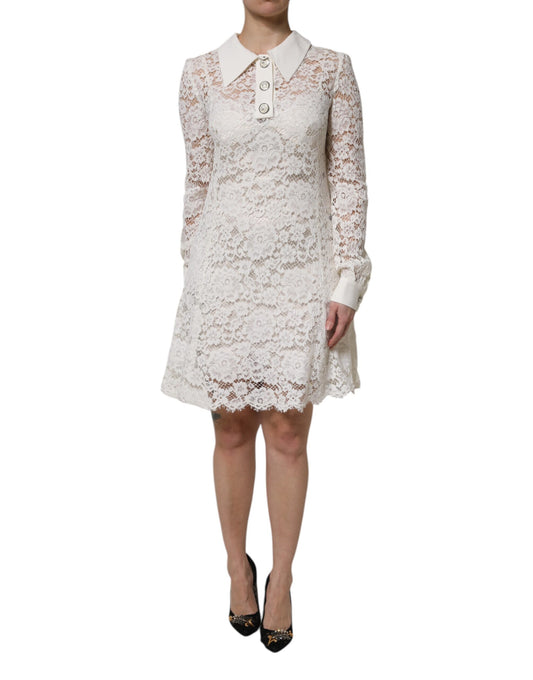 Dolce & Gabbana Weißes Kleid mit geblümter Spitze und langen Ärmeln in A-Linie
