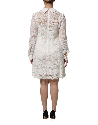 Dolce & Gabbana Weißes Kleid mit geblümter Spitze und langen Ärmeln in A-Linie