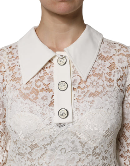 Dolce & Gabbana Weißes Kleid mit geblümter Spitze und langen Ärmeln in A-Linie