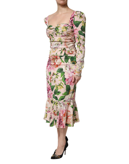 Dolce & Gabbana Rosa geblümtes Midikleid aus Seide mit ausgestelltem Rock