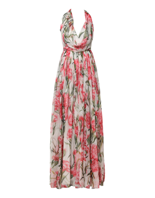 Dolce & Gabbana Weißes geblümtes Seidenhalter-Maxikleid in A-Linie