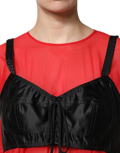 Dolce & Gabbana Rotes Schwarzes Bustier Detailing Langärmeliges Top