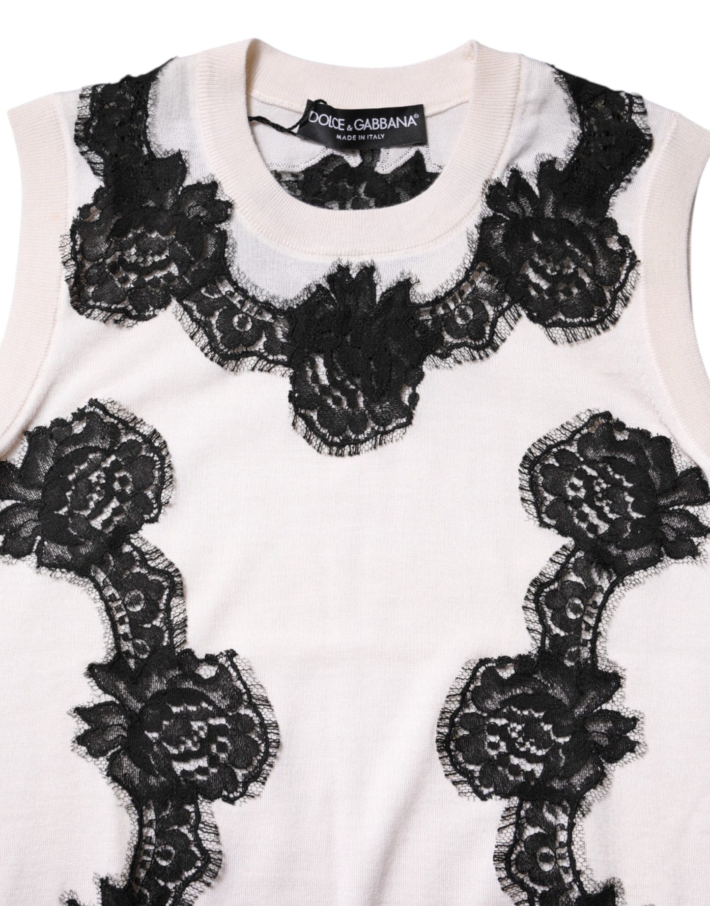 Dolce & Gabbana Weißes Kaschmir-Tanktop mit floraler Spitze