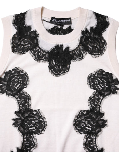 Dolce & Gabbana Weißes Kaschmir-Tanktop mit floraler Spitze