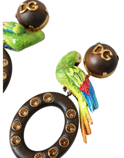 Dolce & Gabbana Multicolor Papagei Holz Messing Kristall verschönert Ohrringe