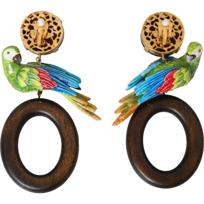 Dolce & Gabbana Multicolor Papagei Holz Messing Kristall verschönert Ohrringe