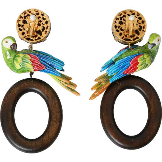 Dolce & Gabbana Multicolor Papagei Holz Messing Kristall verschönert Ohrringe