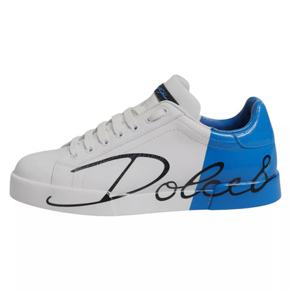 Dolce & Gabbana Weiß Blau Leder Logo Low Top Sneakers Schuhe