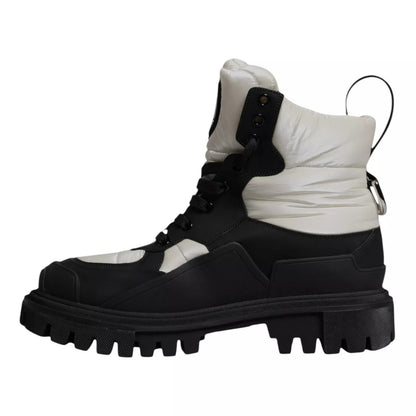 Dolce & Gabbana Schwarz Weiß Gepolsterte Mid Calf Lace Up Stiefel Schuhe