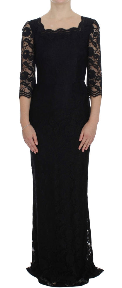 Dolce & Gabbana Schwarzes geblümtes langes Ball-Maxikleid aus Spitze