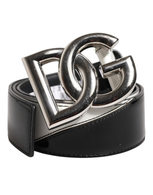 Dolce & Gabbana Schwarzes weißes Leder DG Metallschnalle Gürtel