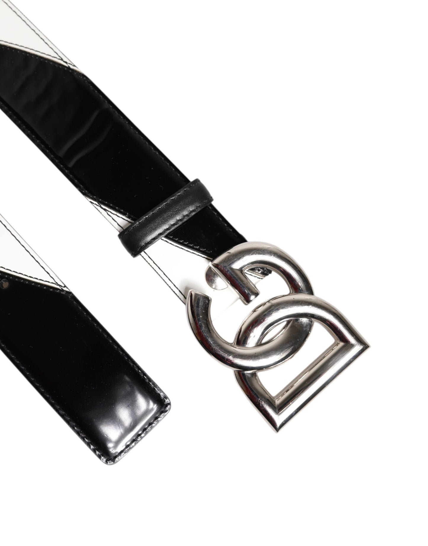 Dolce & Gabbana Schwarzes weißes Leder DG Metallschnalle Gürtel