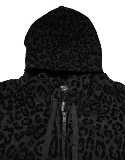 Dolce & Gabbana Schwarzes Leoparden Sweatshirt mit Kapuze und Reißverschluss Pullover