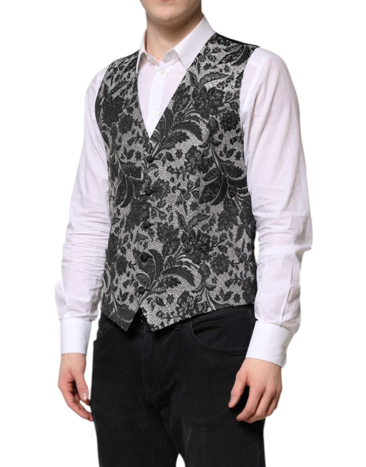 Dolce & Gabbana Schwarzer grauer Brokat Formal Männer Weste Weste