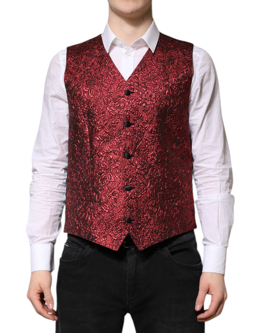 Dolce & Gabbana Rote Blumen Brokat Formal Männer Weste Weste