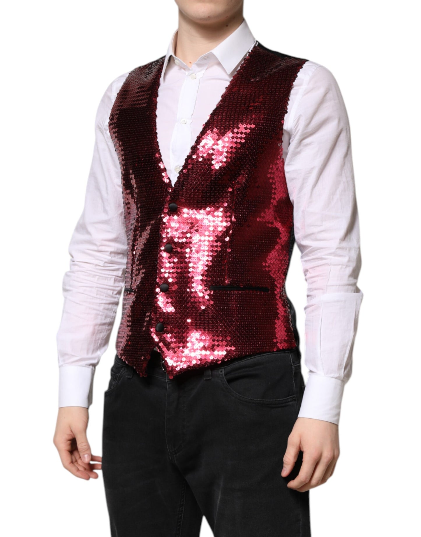 Dolce & Gabbana Rotes Paillettenkleid Formelle Männer Weste Weste