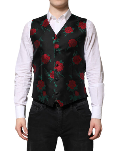 Dolce & Gabbana Rote Blumen Brokat Formal Männer Weste Weste