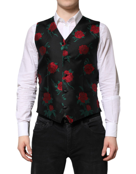 Dolce & Gabbana Rote Blumen Brokat Formal Männer Weste Weste