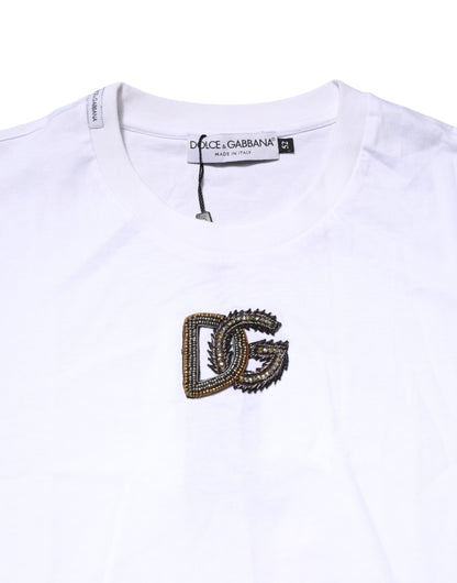 Dolce & Gabbana Weißes T-Shirt mit Rundhalsausschnitt und Logo-Stickerei