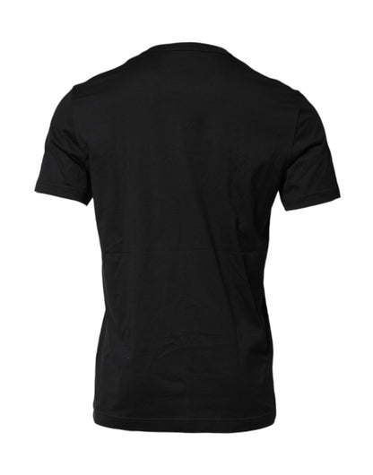 Dolce & Gabbana Schwarzes T-Shirt mit Rundhalsausschnitt aus bestickter Baumwolle