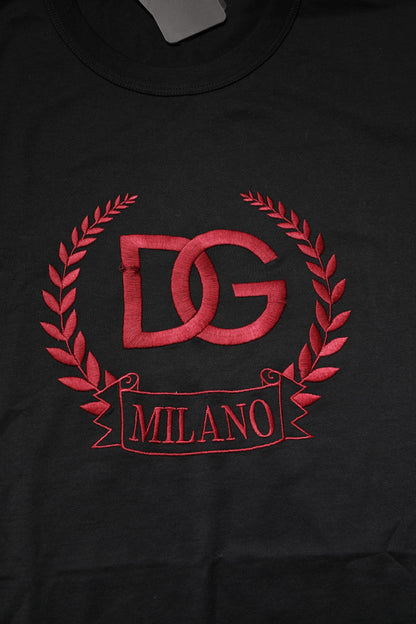Dolce & Gabbana Schwarzes T-Shirt mit Rundhalsausschnitt aus bestickter Baumwolle