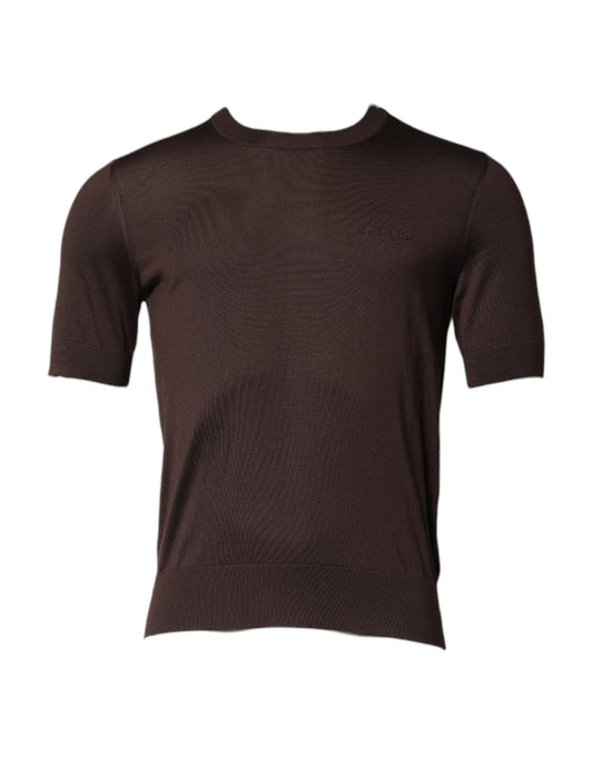Dolce & Gabbana Braunes Seiden-T-Shirt mit Logo-Stickerei und Rundhalsausschnitt