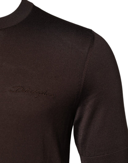 Dolce & Gabbana Braunes Seiden-T-Shirt mit Logo-Stickerei und Rundhalsausschnitt