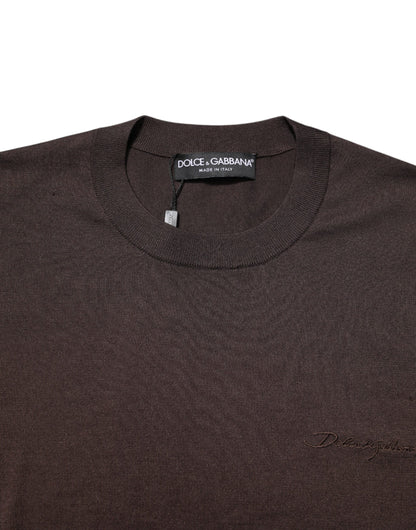 Dolce & Gabbana Braunes Seiden-T-Shirt mit Logo-Stickerei und Rundhalsausschnitt