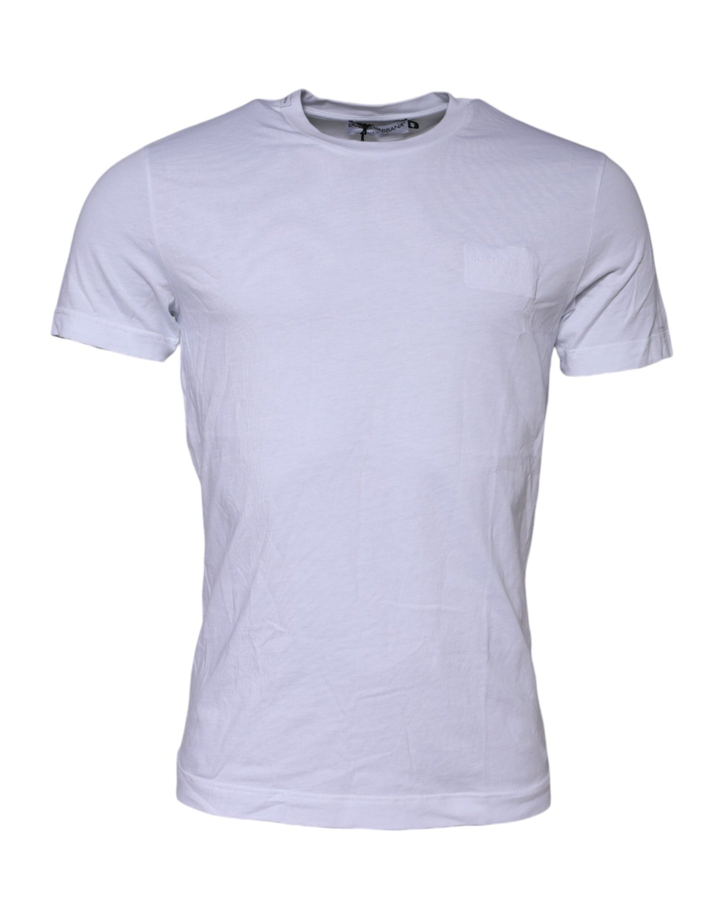 Dolce & Gabbana Weißes T-Shirt mit Rundhalsausschnitt und Logo-Patch aus Baumwolle
