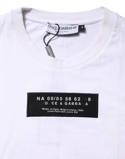 Dolce & Gabbana Weißes T-Shirt mit Rundhalsausschnitt und Logo-Patch aus Baumwolle