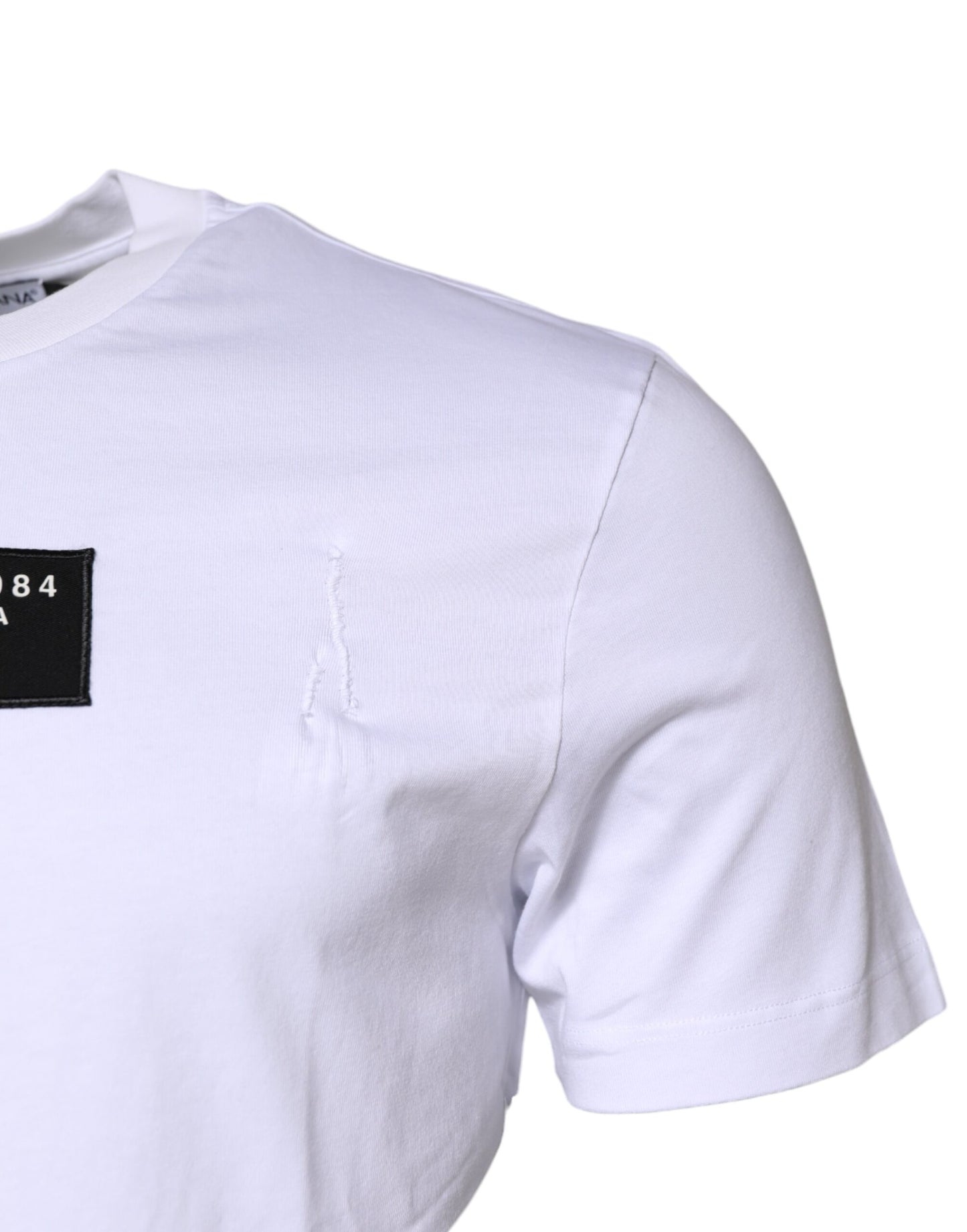 Dolce & Gabbana Weißes T-Shirt mit Rundhalsausschnitt und Logo-Patch aus Baumwolle