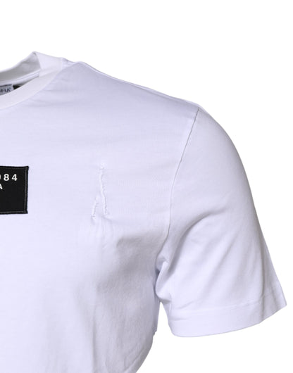Dolce & Gabbana Weißes T-Shirt mit Rundhalsausschnitt und Logo-Patch aus Baumwolle