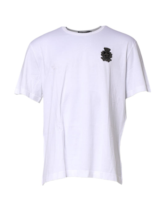 Dolce & Gabbana Weißes Baumwoll-T-Shirt mit DG-Kronen-Stickerei