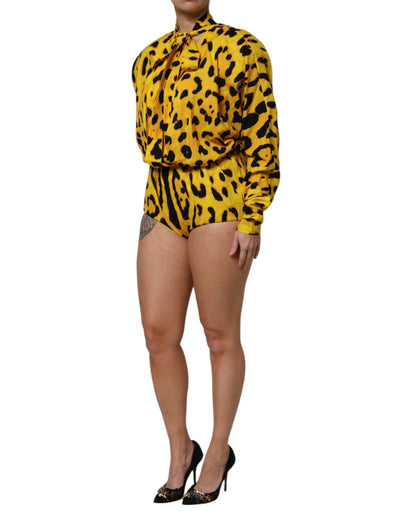 Dolce & Gabbana Gelber Leopard Langärmeliger Jumpsuit Kleid