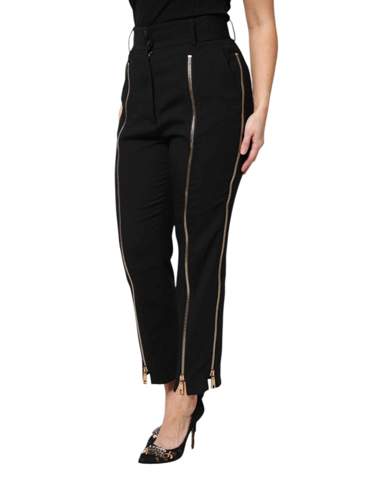 Dolce & Gabbana Schwarze Wollhose mit hoher Taille und Reißverschluss