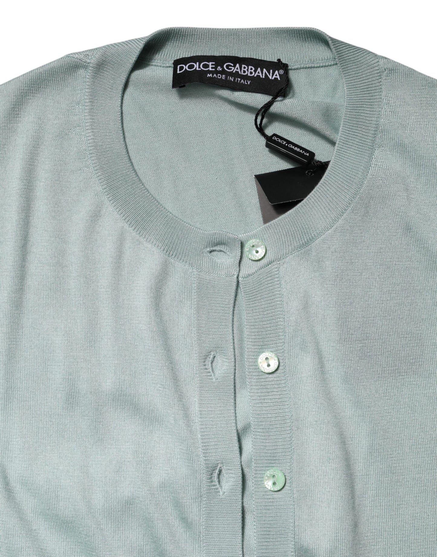 Dolce & Gabbana Hellgrüne Strickjacke aus Seide mit Knopfleiste