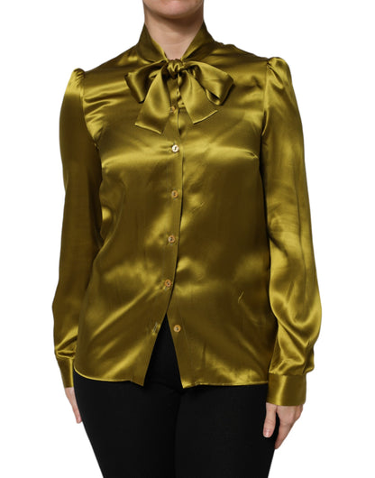 Dolce & Gabbana Grüner Ascot-Kragen Langarm-Bluse Top