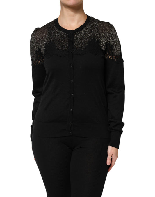 Dolce & Gabbana Schwarzer Strickpullover aus Viskose mit Spitze und Knöpfen
