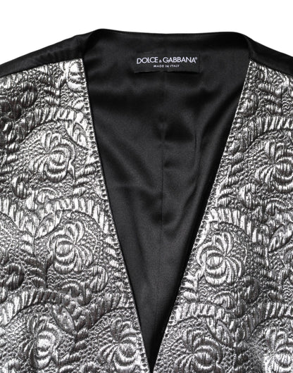 Dolce & Gabbana Silbernes ärmelloses Jacquard-Westenoberteil mit Blumenmuster