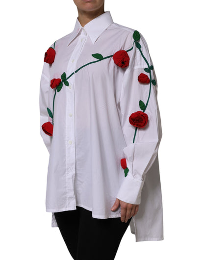 Dolce & Gabbana Weißes Baumwollkleid mit Blumenapplikationen Shirt Top