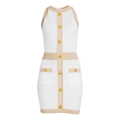 Balmain Weißes Viskose-Damenkleid mit goldenen Kunstknöpfen