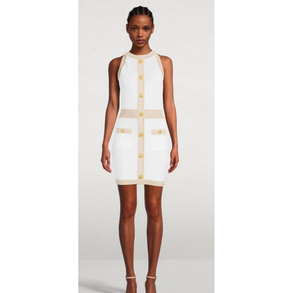 Balmain Weißes Viskose-Damenkleid mit goldenen Kunstknöpfen