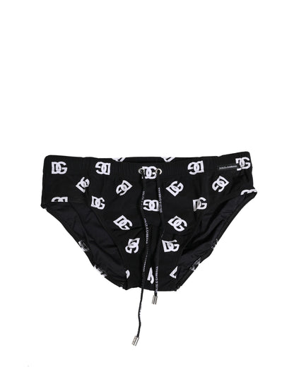 Dolce & Gabbana Schwarzes Nylon Logo Print Beachwear Brief Bademode