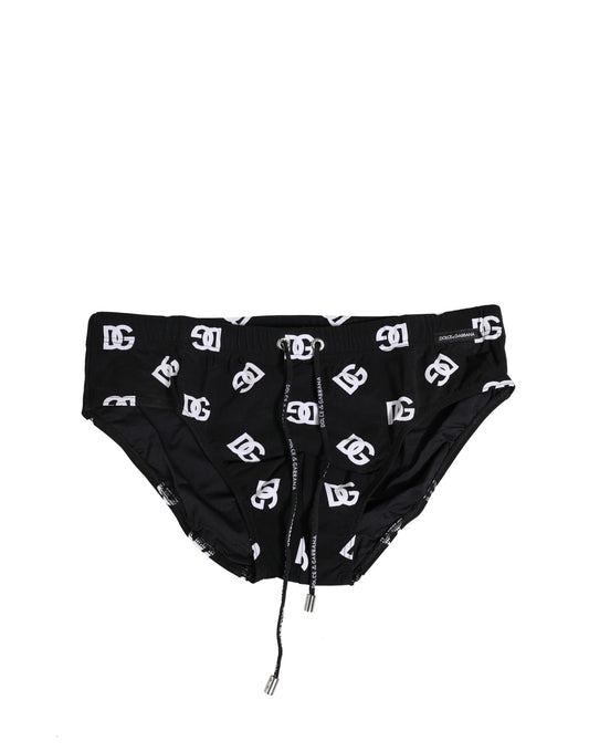 Dolce & Gabbana Schwarzes Nylon Logo Print Beachwear Brief Bademode