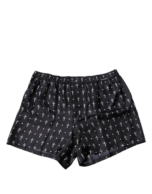 Dolce & Gabbana Schwarze Seide Bedruckte Strandbekleidung Shorts Bademode